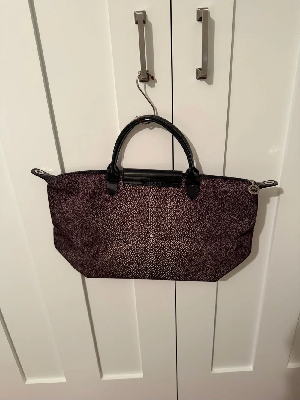Longchamp Black & White Pebble Print Tote with Black Patent Leather Accents NWT